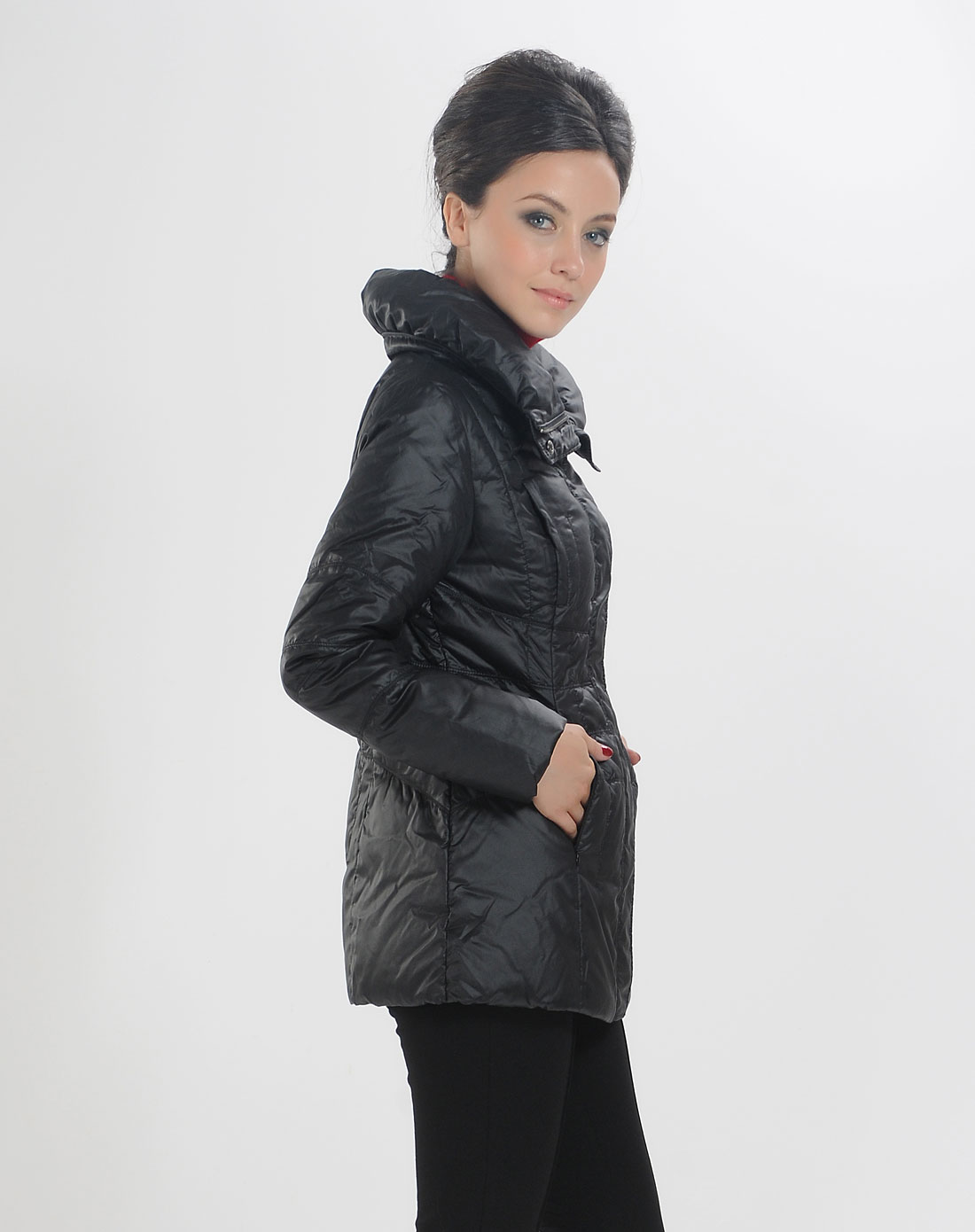 敦奴dunnu女装专场-黑色简约时尚长袖羽绒服