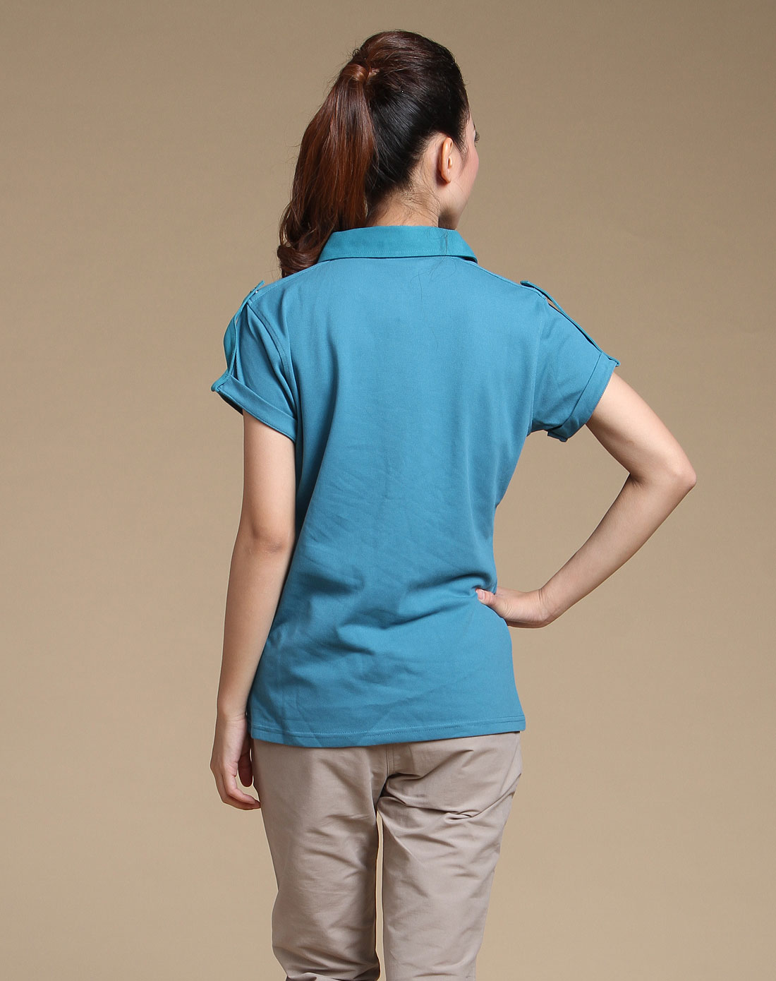 女款蓝绿色休闲短袖polo衫