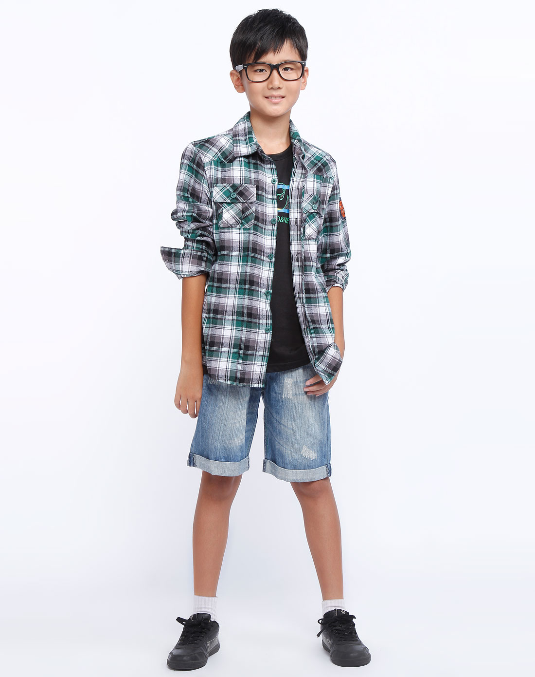 少年装特惠专场鎏恒色新锐少年装old&new 绿色格子长袖时尚衬衫