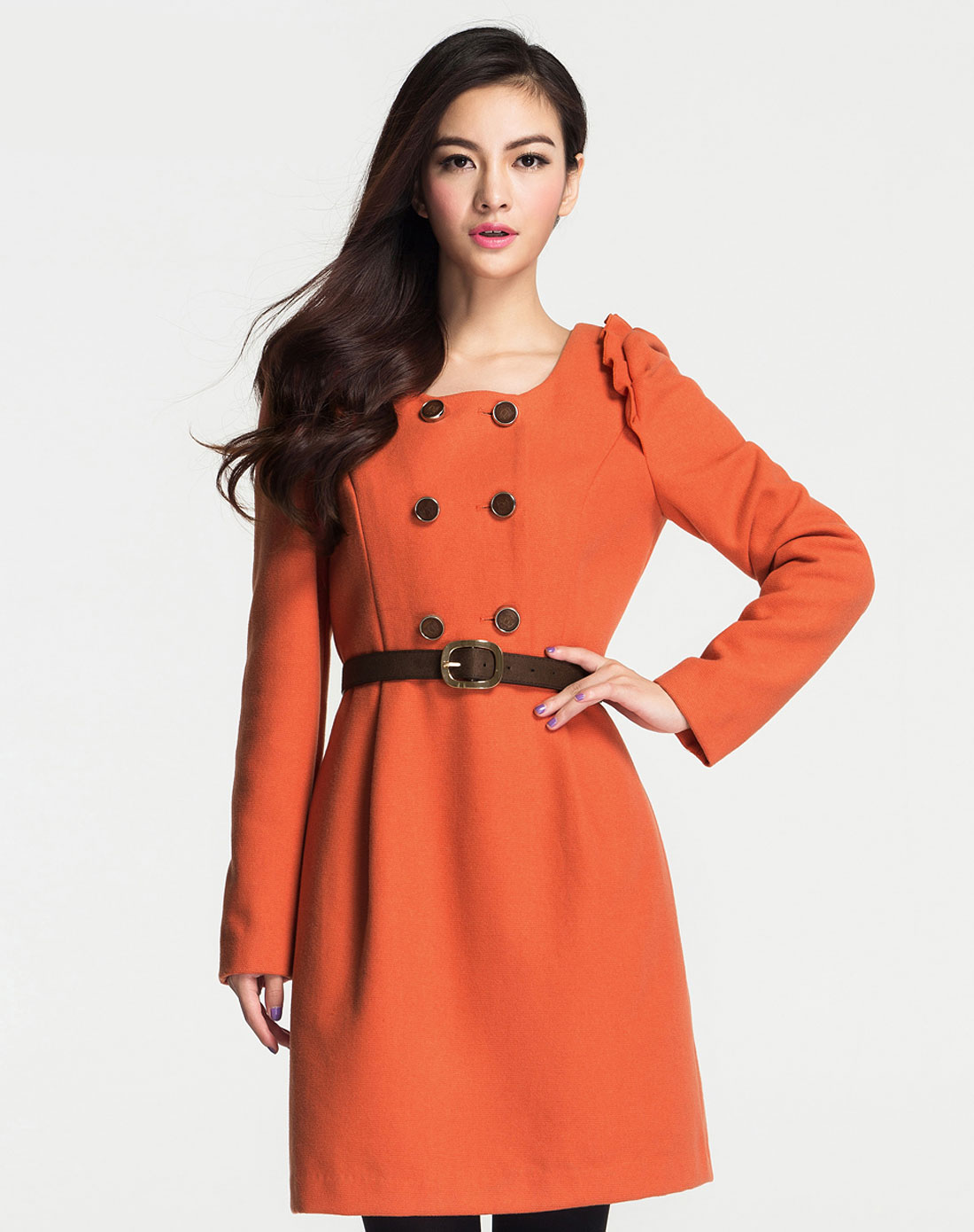 桔色时尚双排扣长袖连衣裙