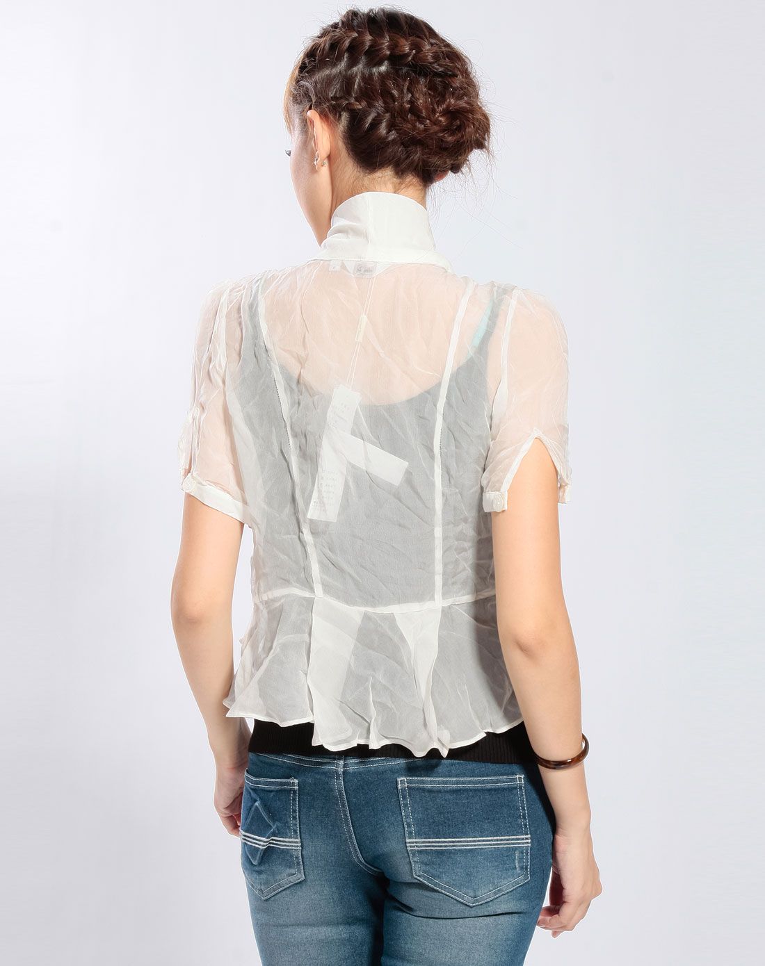 女装库存专场阁兰苏珊ground susan 米白色轻纱短袖开衫