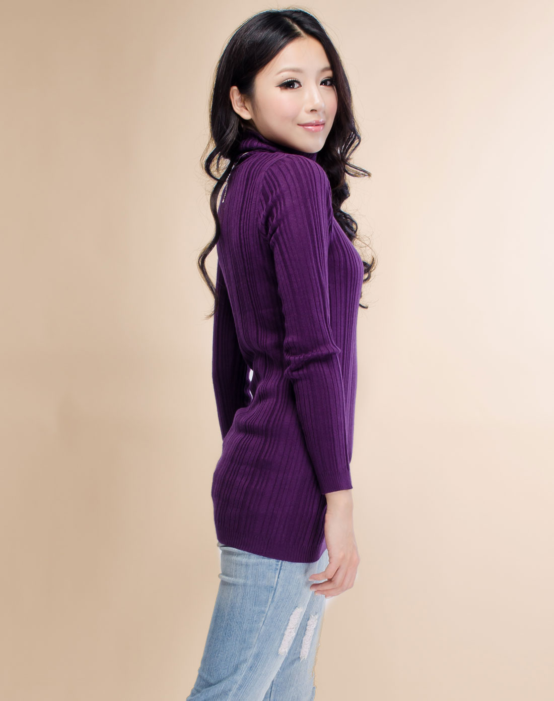 深紫色长款不规则抽条基本款打底毛衣