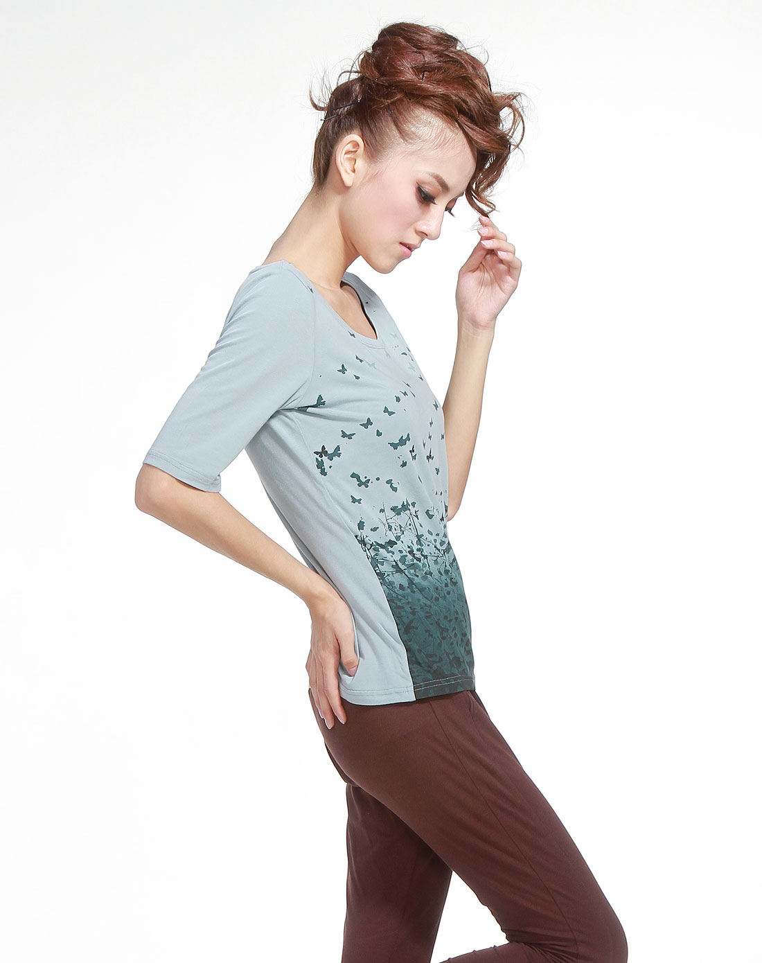 注释annotate浅绿色印蝴蝶中袖t恤