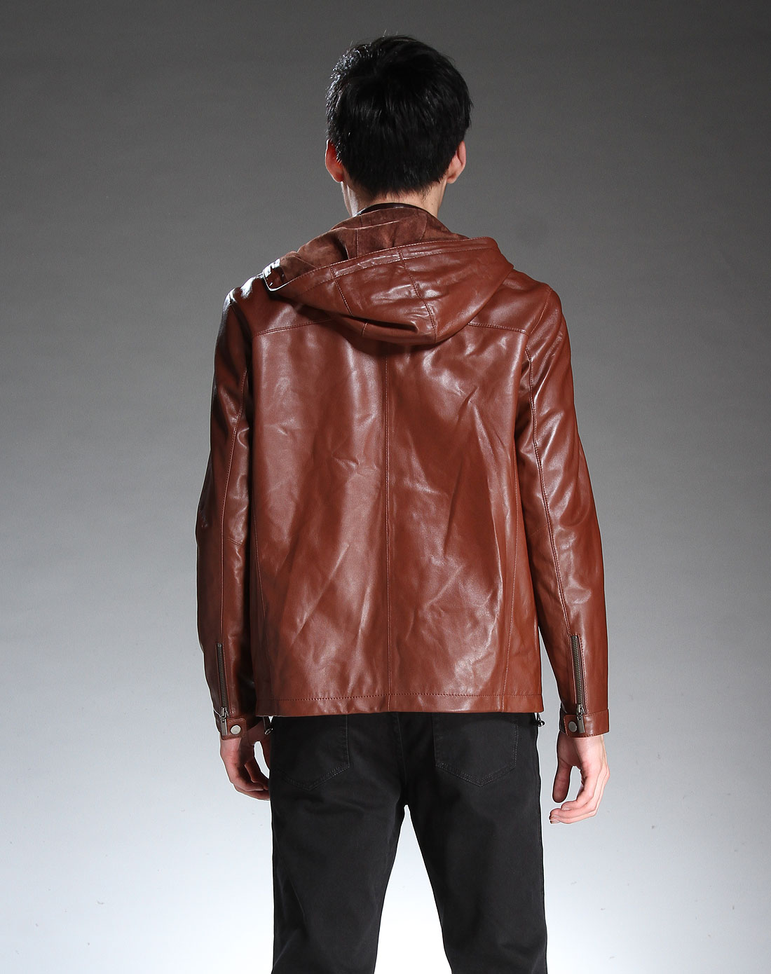 男款深啡色时尚连帽长袖绵羊皮衣