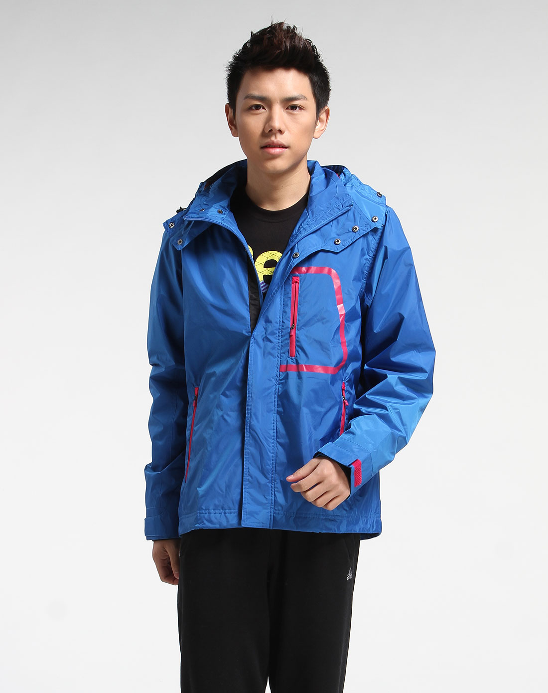 青蓝色简约连帽长袖梭织夹克