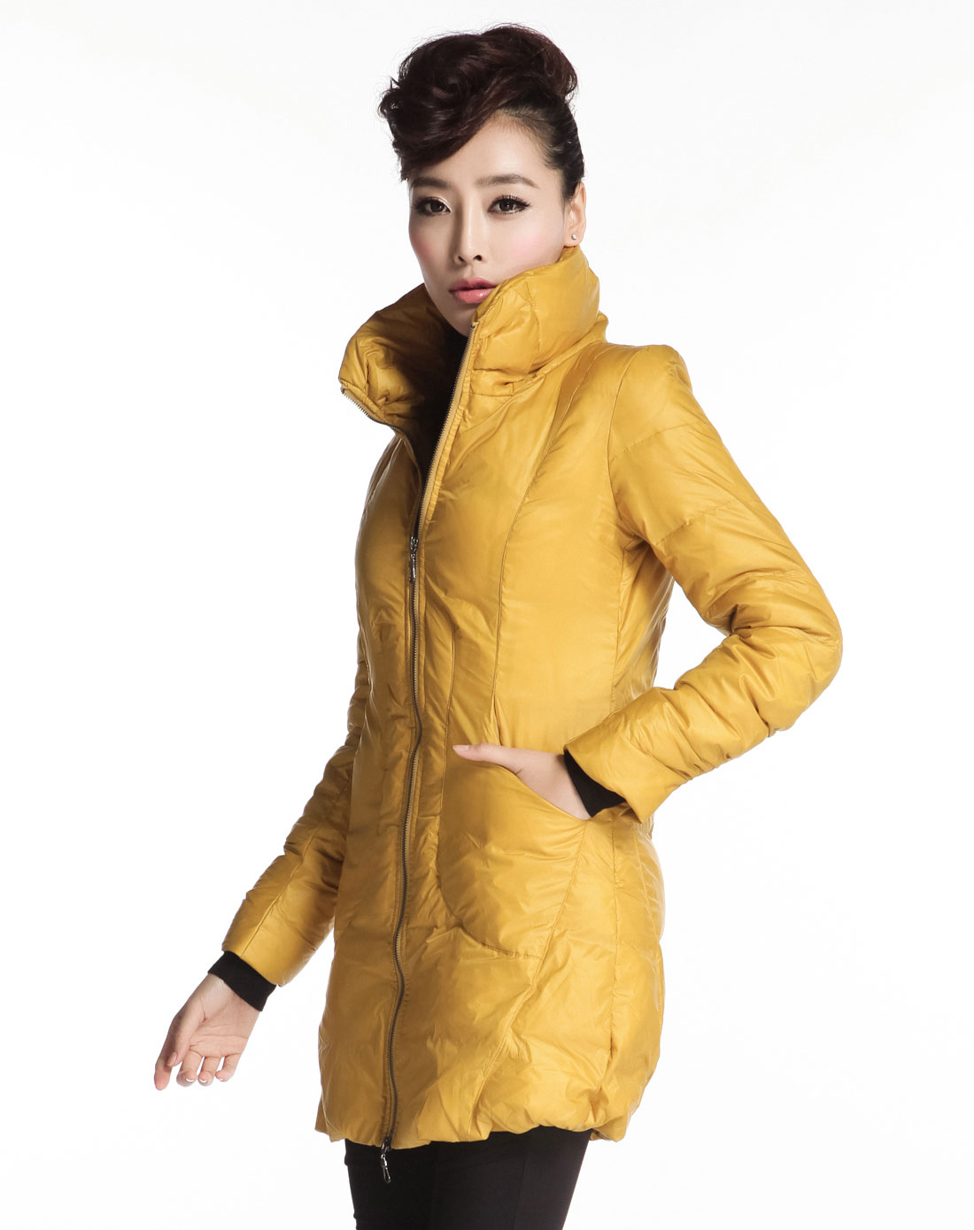 [ 红袖 ] 稻草黄长袖短款羽绒服