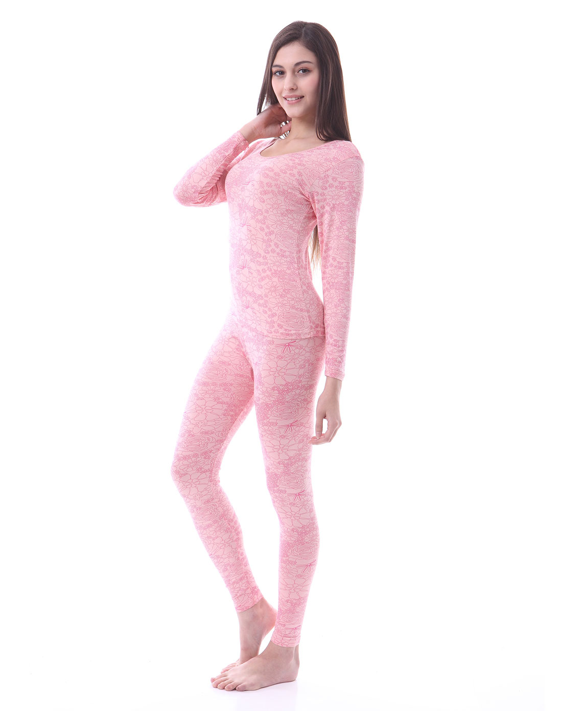 浪莎女士保暖内衣专场-木纤维虾色亲肤印花女士长袖内衣套装