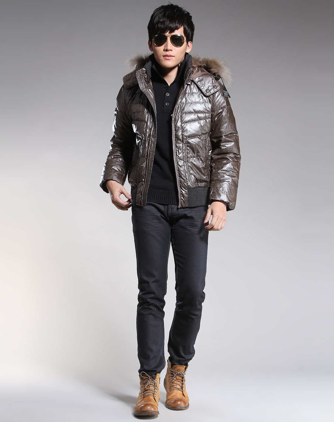 摩高mogao男装专场-卡其绿咖啡色连帽长袖羽绒服