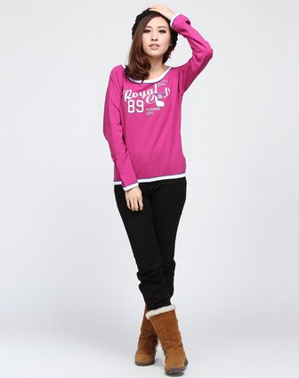 大公鸡big rooster女装专场-玫红色潮流印字圆领长袖t恤