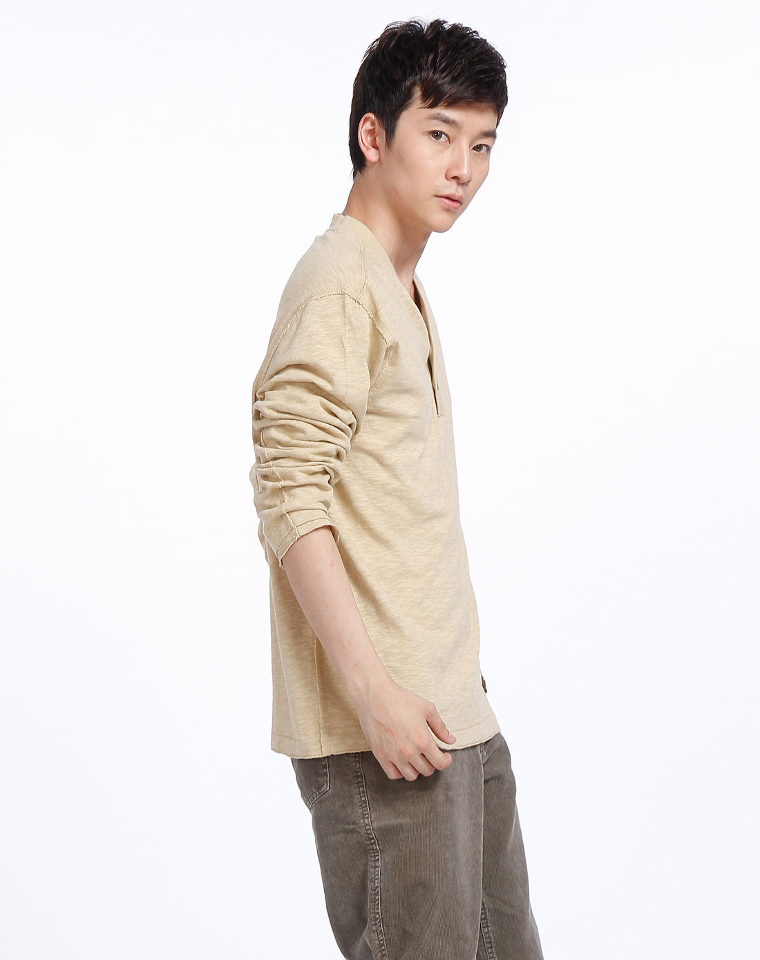 sideout-男装专场卡其色半开襟长袖t恤