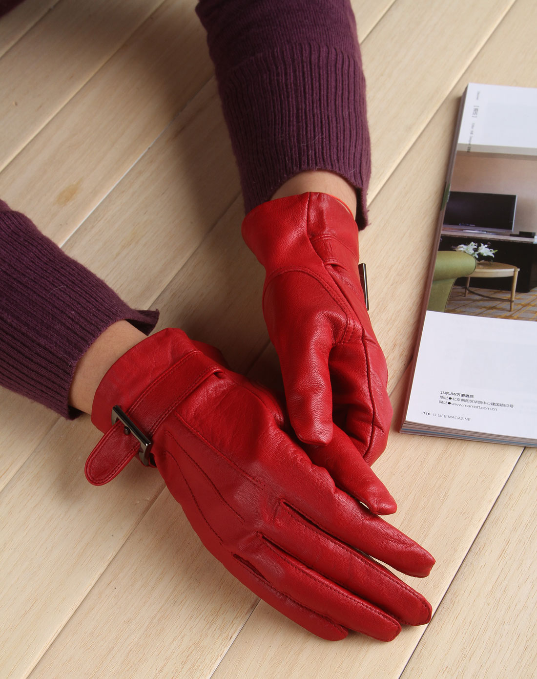 女款红色时尚皮手套(m)