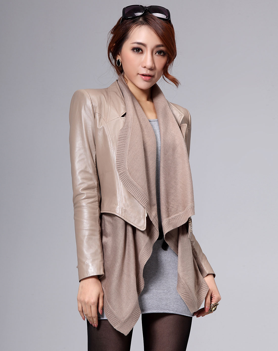 巴迪奥bradio女装深杏色配针织休闲皮上衣_唯品会名牌时尚折扣网