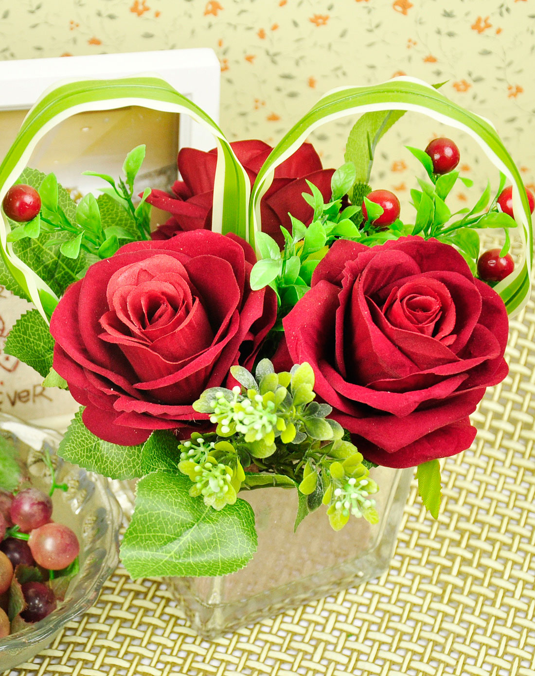 琪特防尘仿真健康花-玻璃爱心玫