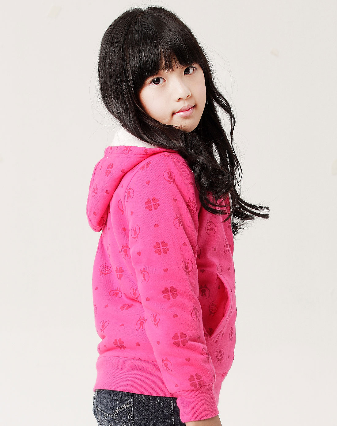 女童红底兔头圆圈花针织印花外套