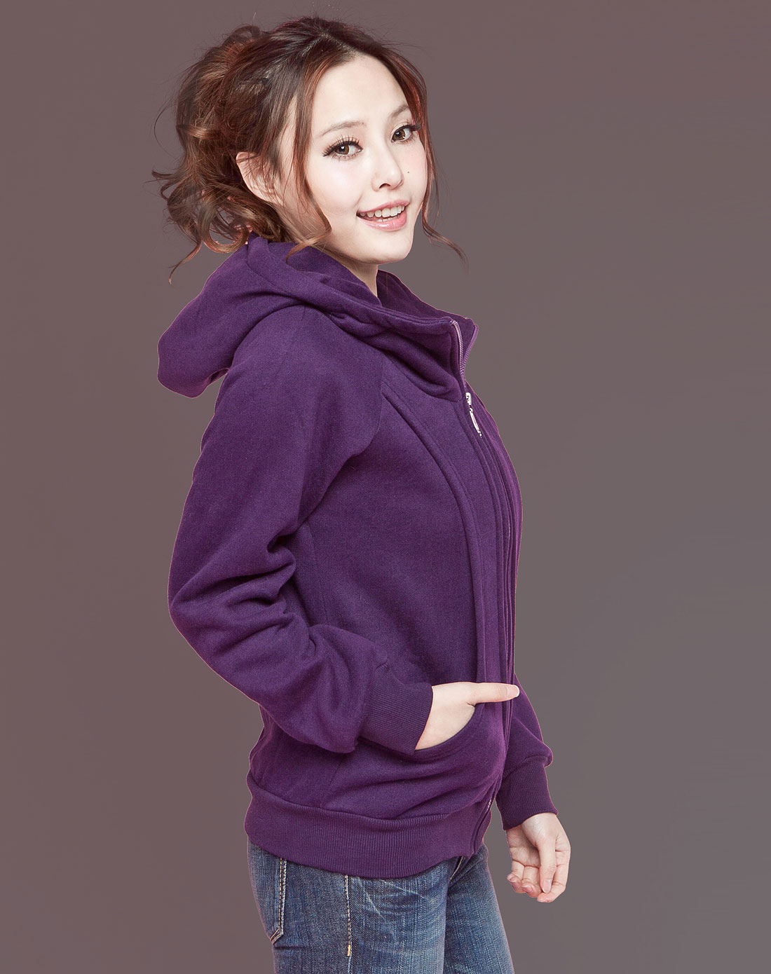 女款紫色 温暖冬日修身全棉抓绒卫衣