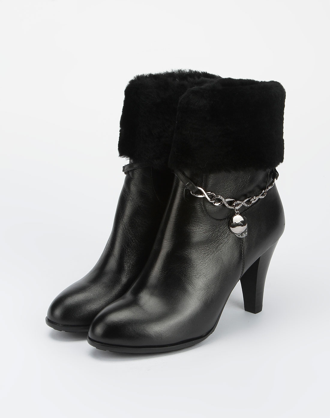 高琪kuuki黑色印纹休闲高跟中筒靴