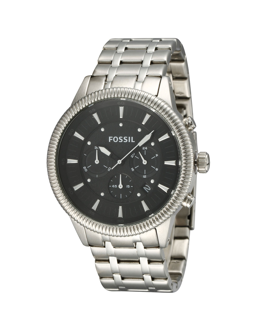fossil男款银/黑色大圆盘不锈钢手表