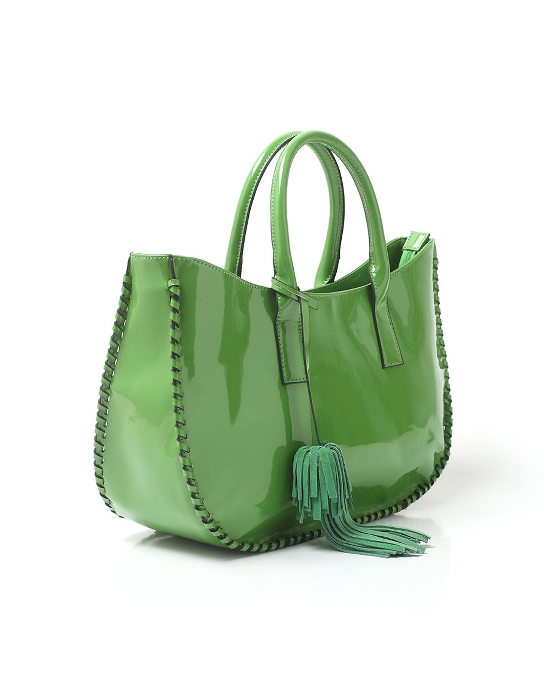 绿色亮漆pu配磨砂皮流苏包