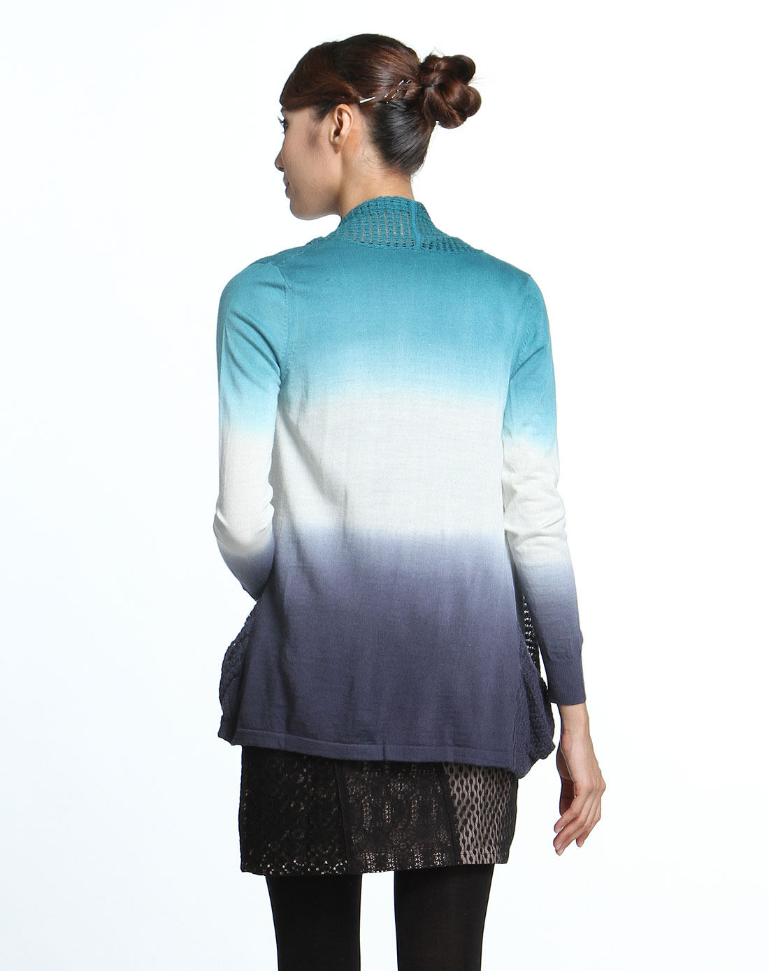 吊染三色开襟长袖针织衫