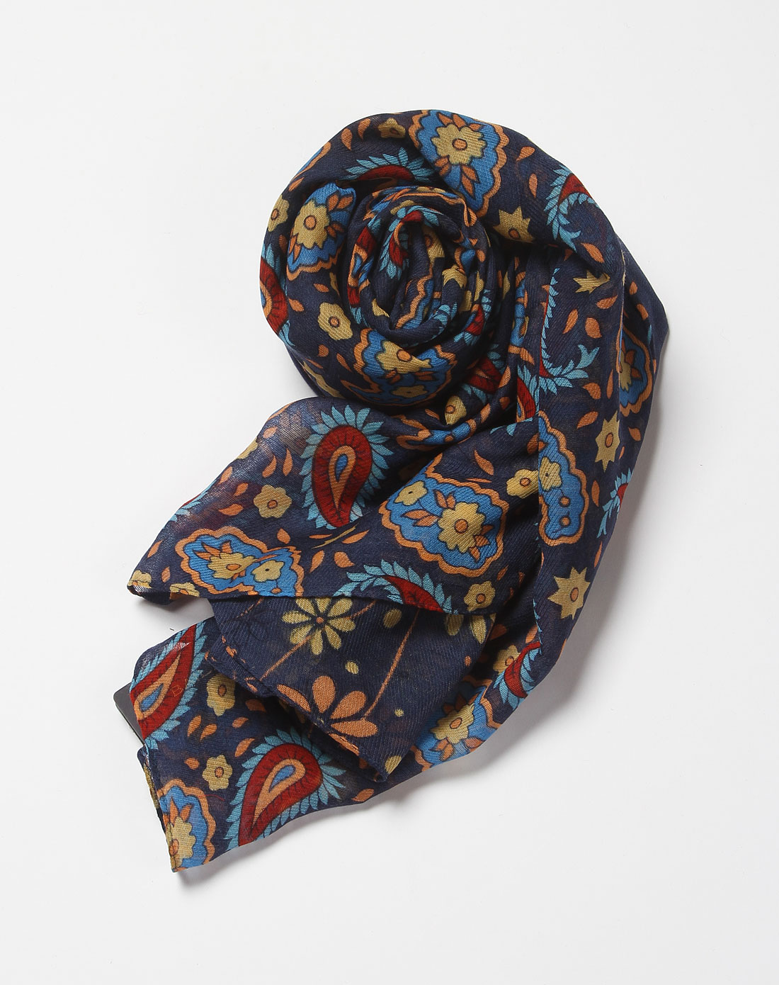 蓝色孔雀羽毛印花真丝围巾