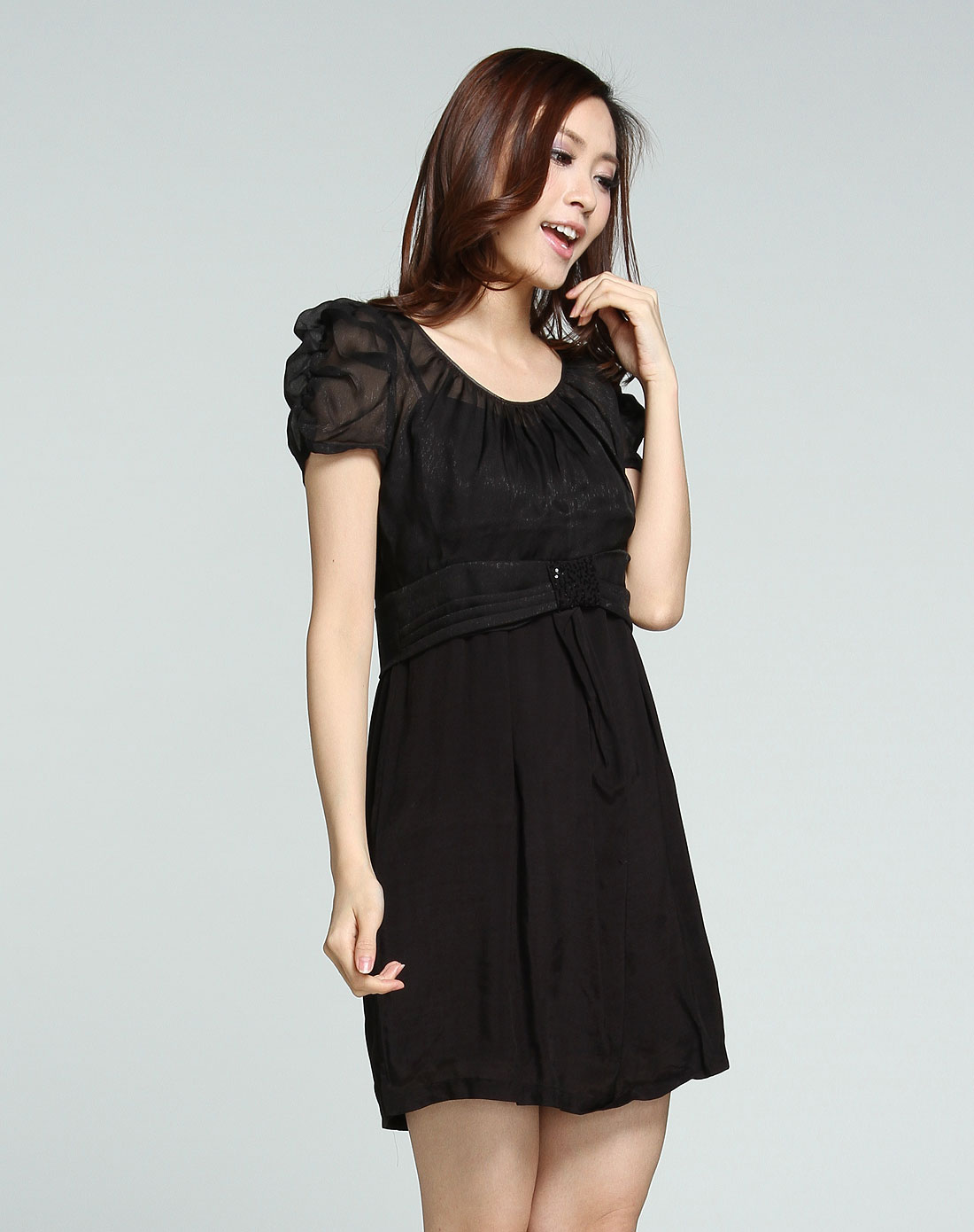 黑色蝴蝶结短袖雪纺连衣裙