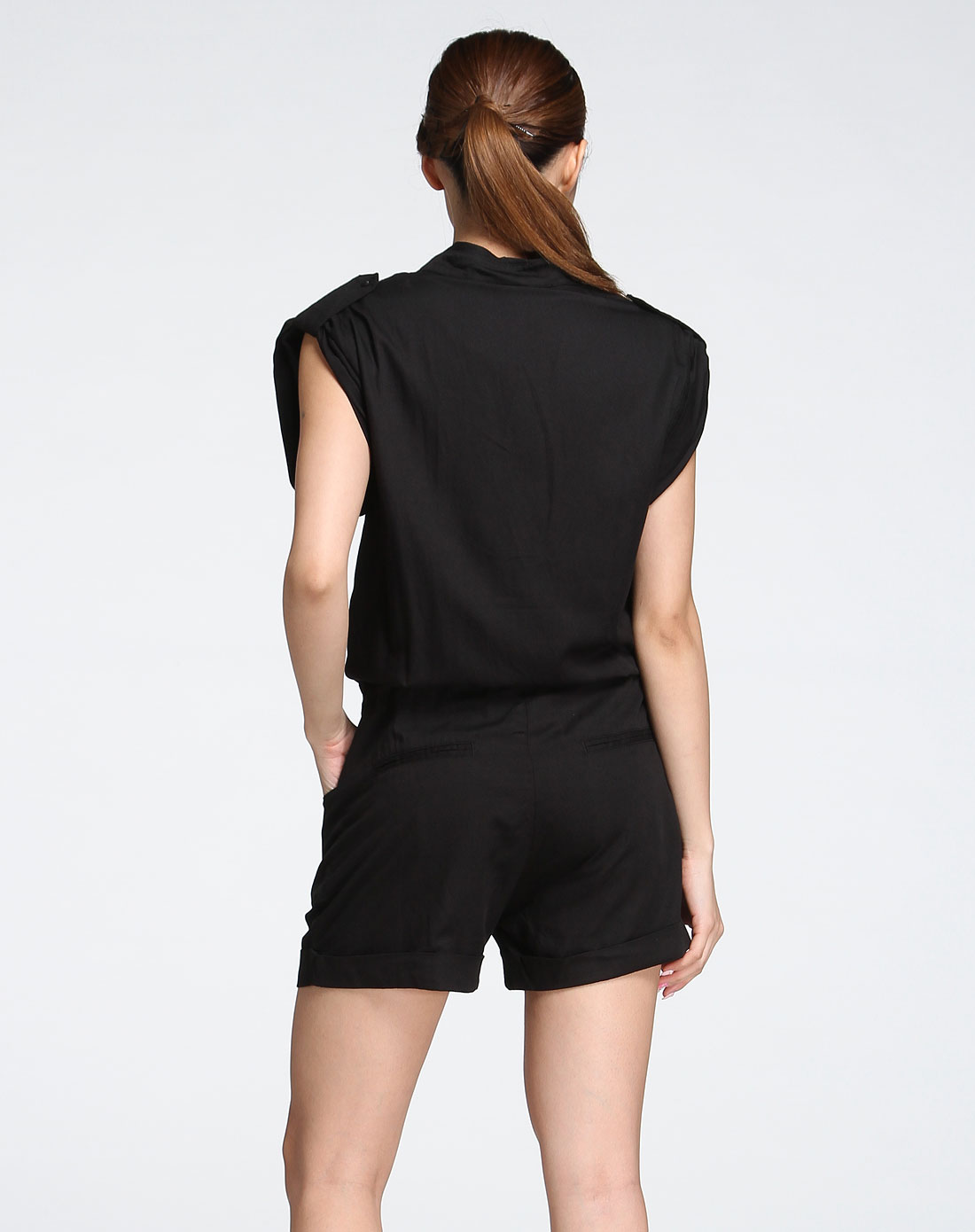 黑色小立领时尚短袖连体短裤