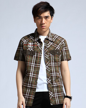 男女装混合库存专场生活几何samuel&kevin 男款暗绿色格仔短袖衬衫