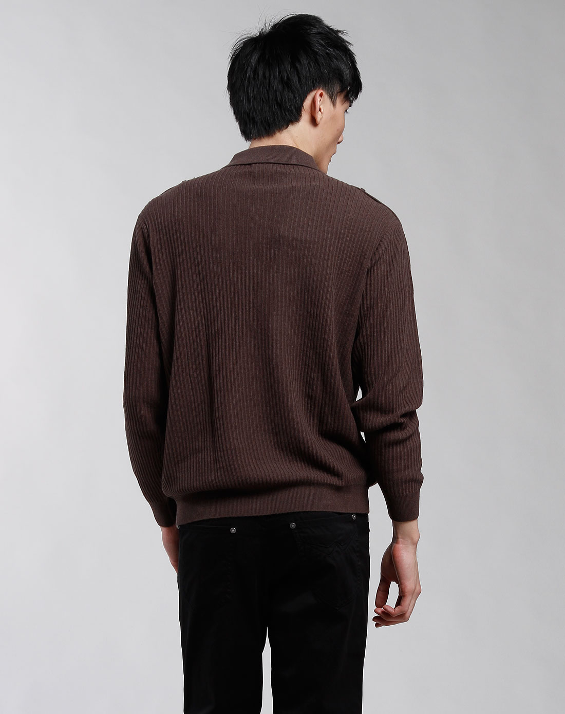 luis深卡其色翻领条纹时尚长袖毛衣