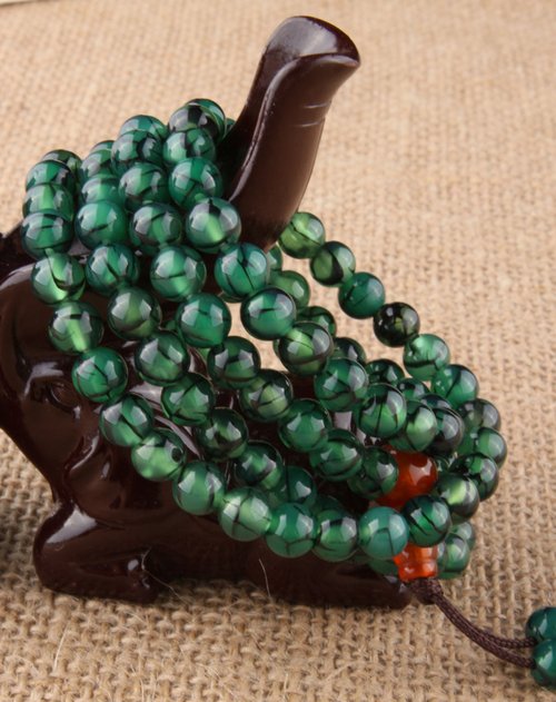 博祥饰品专场中性天然玛瑙绿龙纹108粒手链附证书